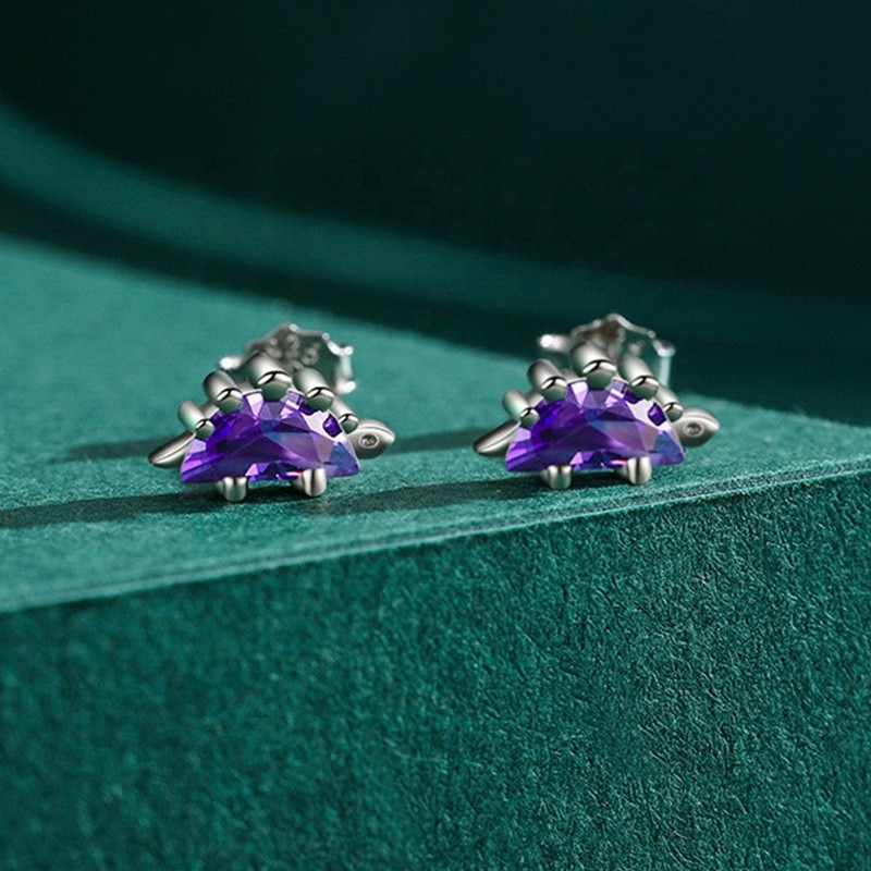 925 Sterling Silver Stud Earrings Manufacturer - Small Dinosaur Purple Cubic Zirconia
