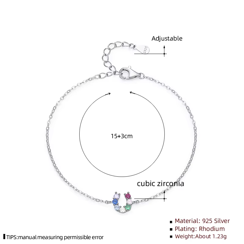 925 Sterling Silver Bracelet Supplier - U-shaped Charm Colorful Zircon Letter Birthday