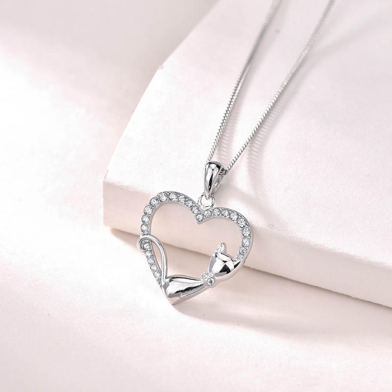 925 Sterling Silver Pendant Necklace Factory - Romantic Cute Animal Heart Cat Jewelry