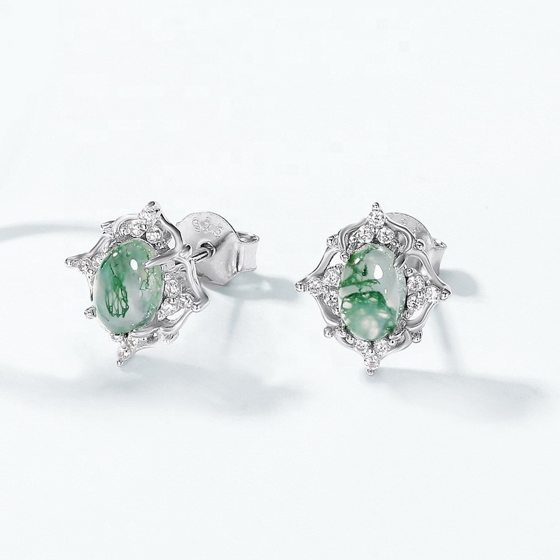 Natural Stone Earrings Factory - Oval Water Grass Agate Vintage Fashion Silver Color