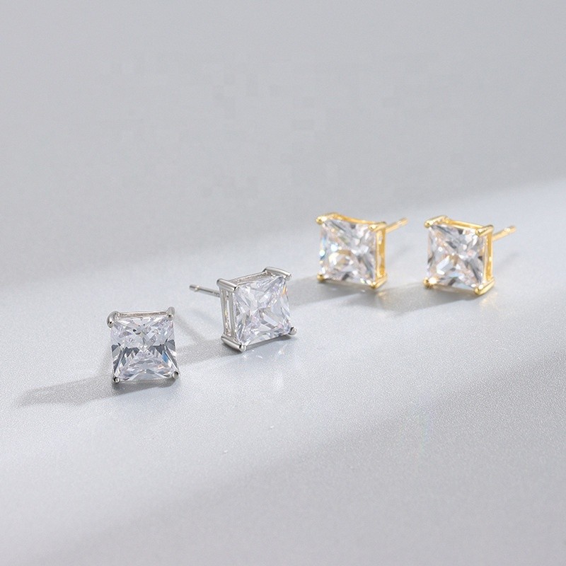 925 Sterling Silver Stud Earrings Factory - Korean Cubic Zircon CZ Square Diamond
