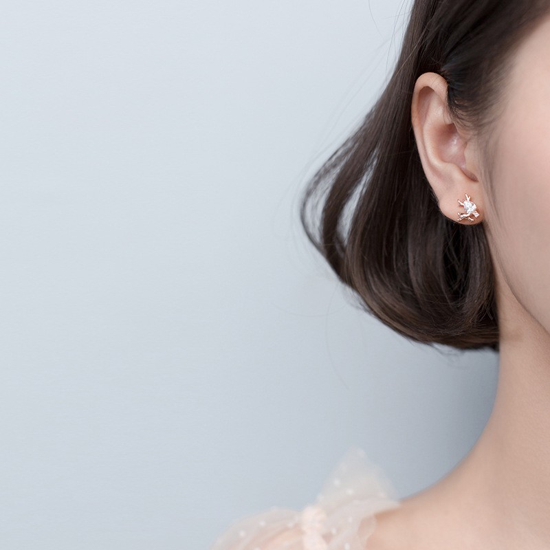 925 Sterling Silver Stud Earrings Factory - Cute Elk Animal Deer Austrian Crystal