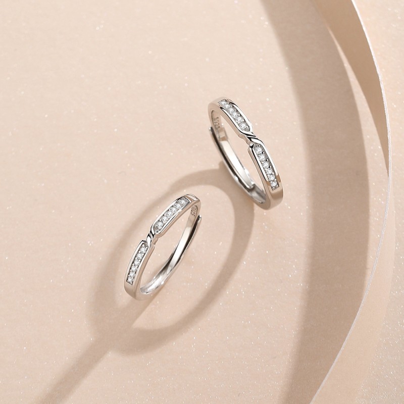 Silver Plated Couple Rings Manufacturer - Zircon Simple Design Adjustable Open Wedding