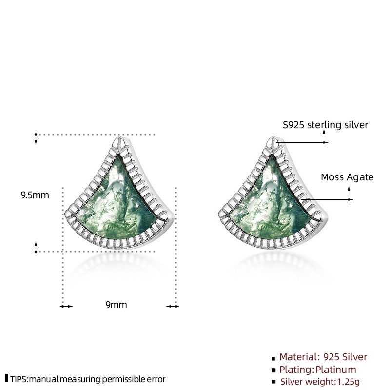 925 Sterling Silver Stud Earrings Factory - Natural Water Grass Moss Agate Fan Geometric