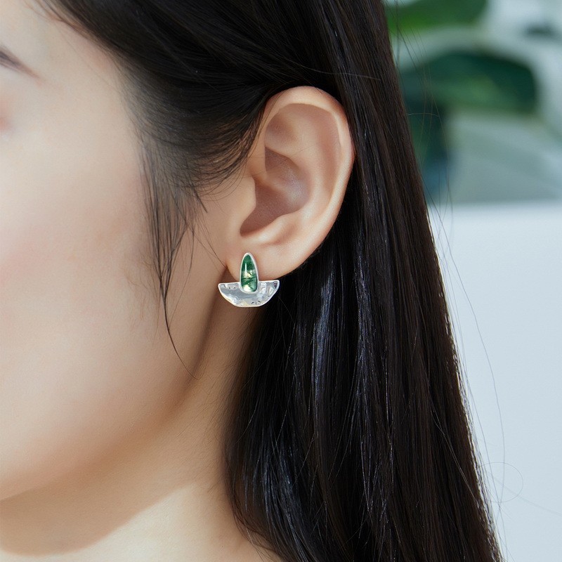 925 Sterling Silver Stud Earrings Manufacturer - Semicircle Geometric Water Grass Agate