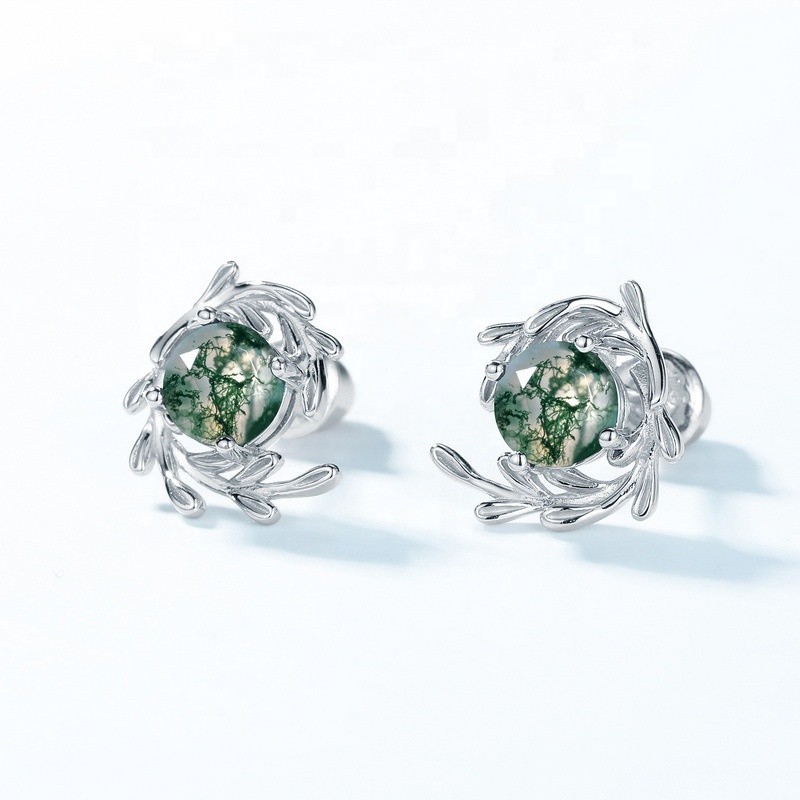 925 Sterling Silver Stud Earrings Manufacturer - Natural Moss Agate Leaf Green Gem