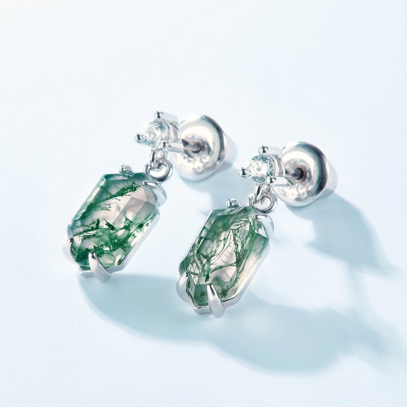 925 Sterling Silver Earrings Supplier - Round Zircon Geometric Rhombus Water Grass Agate