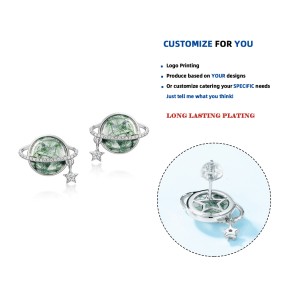 925 Sterling Silver Stud Earrings Factory - Natural Round Moss Agate Geometric Planet