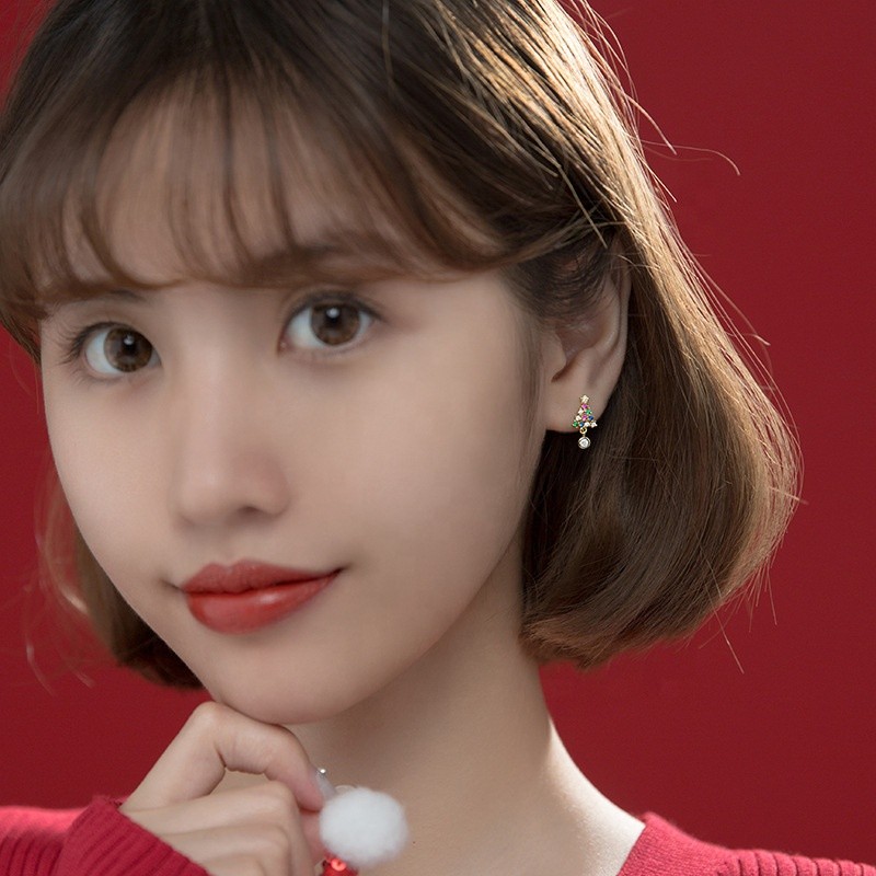 925 Silver Earrings Factory - Christmas Tree Gold Plated Stud Fashion Gift Jewelry