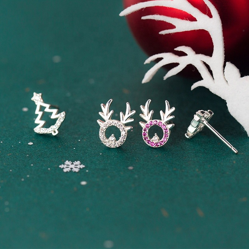 925 Sterling Silver Stud Earrings Manufacturer - Asymmetry Christmas Tree Elk Zircon
