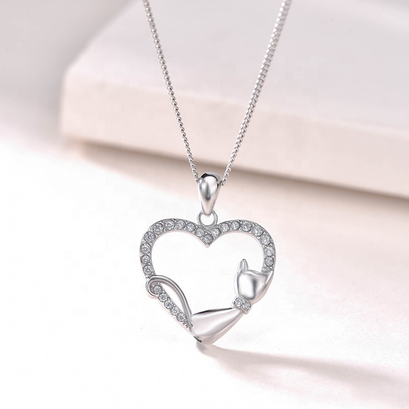 925 Sterling Silver Pendant Necklace Factory - Romantic Cute Animal Heart Cat Jewelry