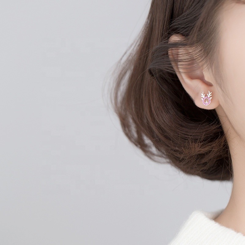 925 Sterling Silver Stud Earrings Manufacturer - Asymmetry Christmas Tree Elk Zircon