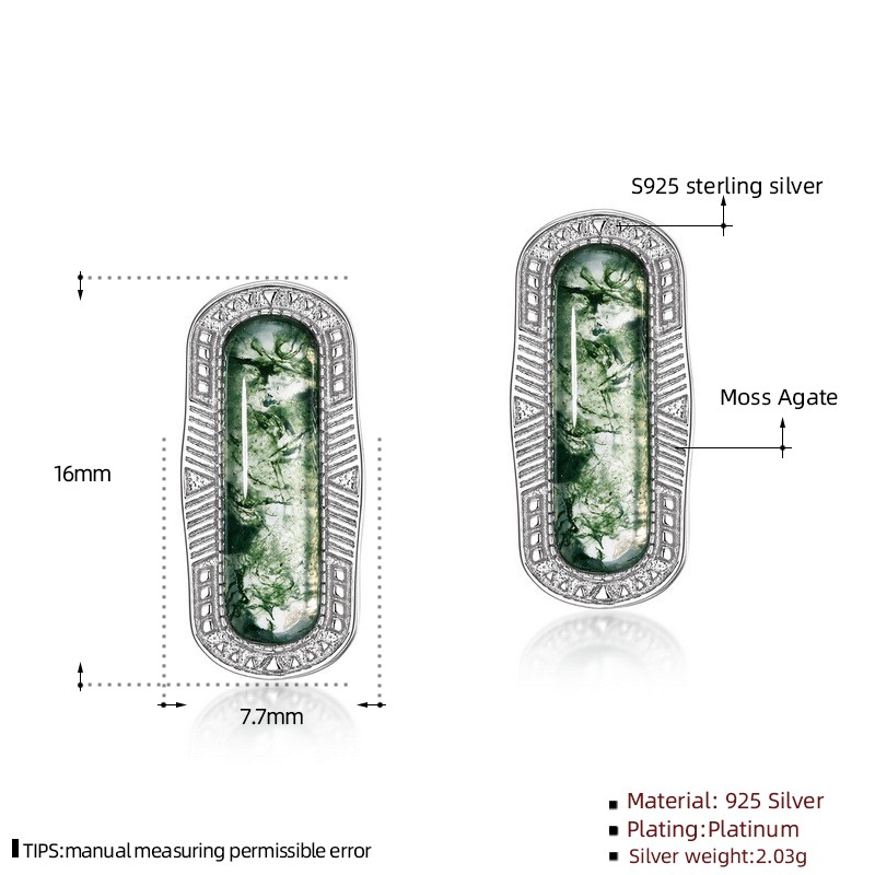 925 Sterling Silver Stud Earrings Factory - Natural Stone Moss Agate Luxury Party