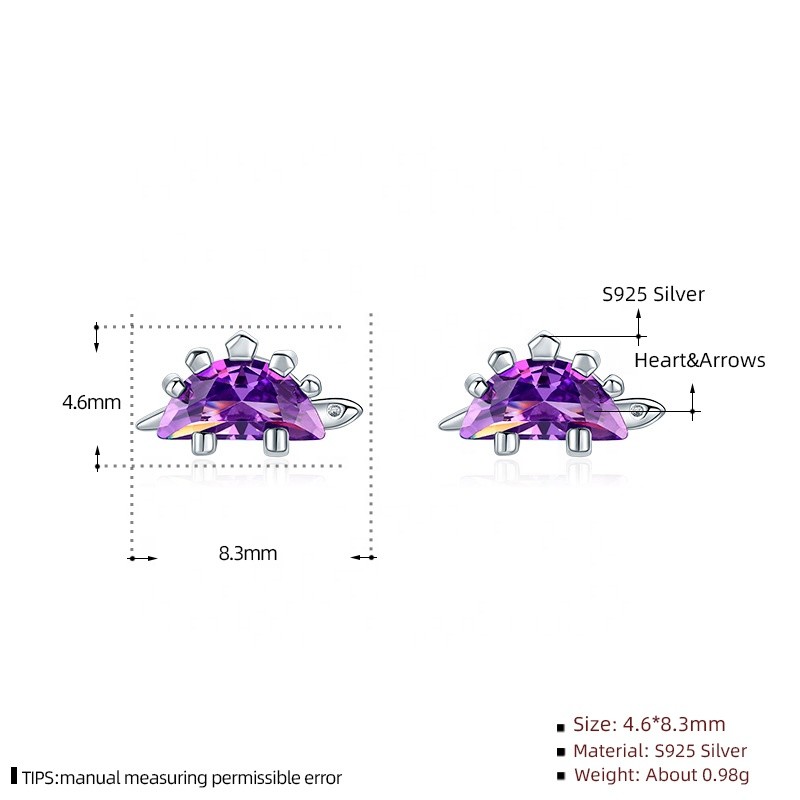 925 Sterling Silver Stud Earrings Manufacturer - Small Dinosaur Purple Cubic Zirconia