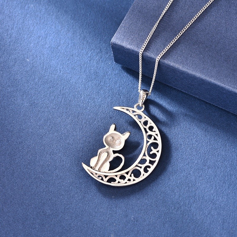 925 Sterling Silver Pendant Manufacturer - Hollow Craft Moon Chain Cat Animal Gift