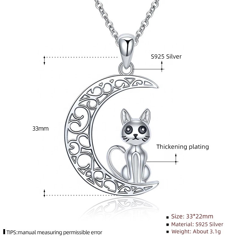 925 Sterling Silver Pendant Manufacturer - Hollow Craft Moon Chain Cat Animal Gift