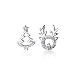 925 Sterling Silver Stud Earrings Manufacturer - Asymmetry Christmas Tree Elk Zircon