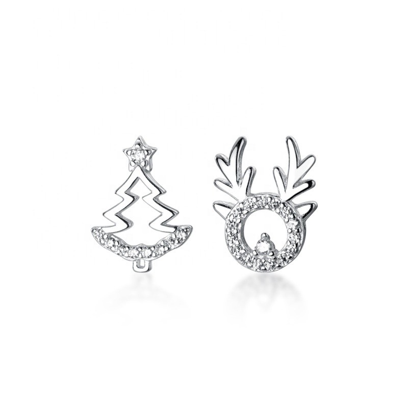925 Sterling Silver Stud Earrings Manufacturer - Asymmetry Christmas Tree Elk Zircon