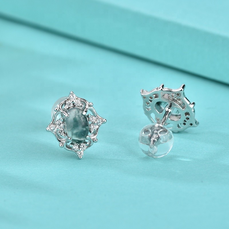 Natural Stone Earrings Factory - Oval Water Grass Agate Vintage Fashion Silver Color