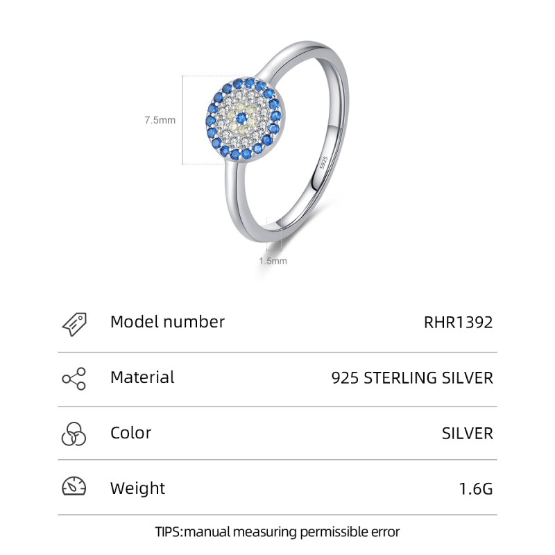 925 Sterling Silver Wedding Band Factory - Cubic Zirconia Blue Evil Eye Trendy Ring