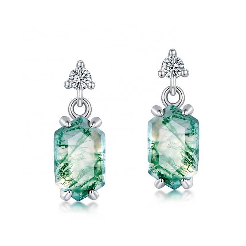 925 Sterling Silver Earrings Supplier - Round Zircon Geometric Rhombus Water Grass Agate