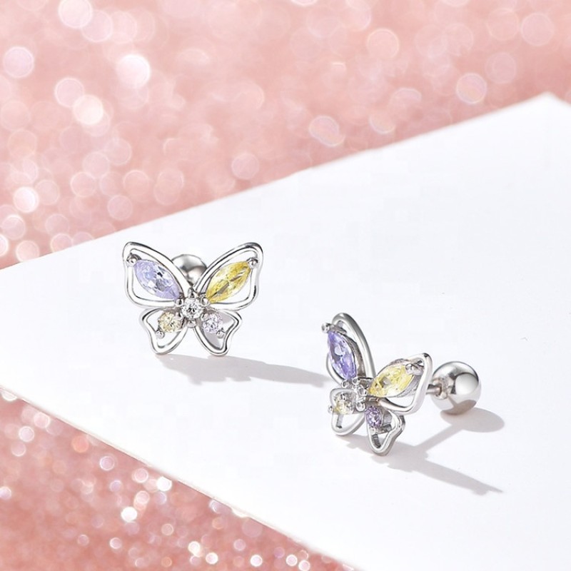925 Sterling Silver Stud Earrings Factory - Tiny Butterfly Screw Back Gold Plated