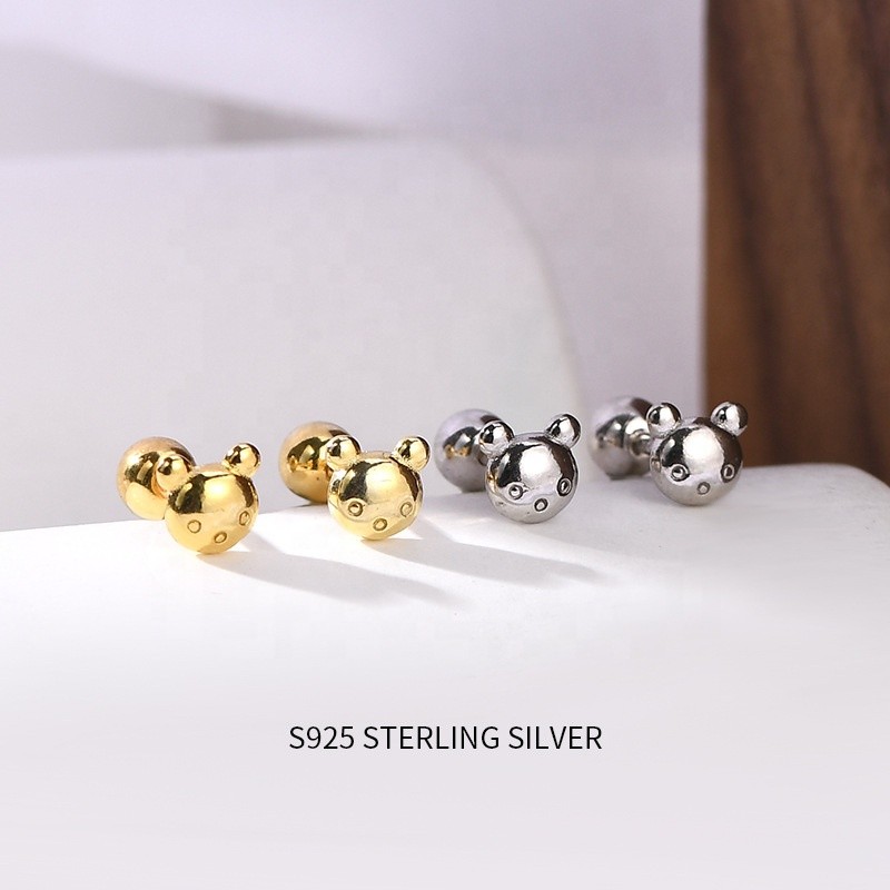 925 Sterling Silver Stud Earrings Manufacturer - Minimalist Teddy Bear Safety Screw Back