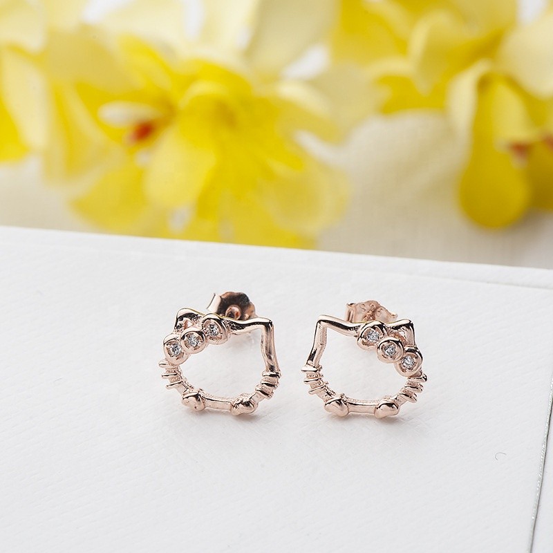 925 Silver Earrings Supplier - Hello Kitty Shape Zirconia Kids Animal Cat