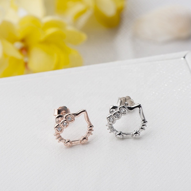 925 Silver Earrings Supplier - Hello Kitty Shape Zirconia Kids Animal Cat