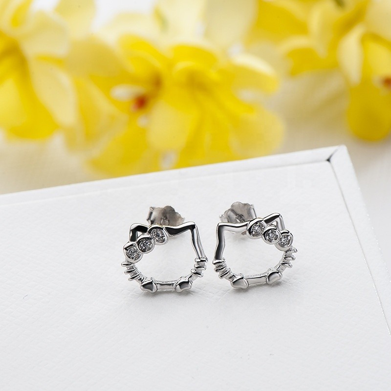 925 Silver Earrings Supplier - Hello Kitty Shape Zirconia Kids Animal Cat