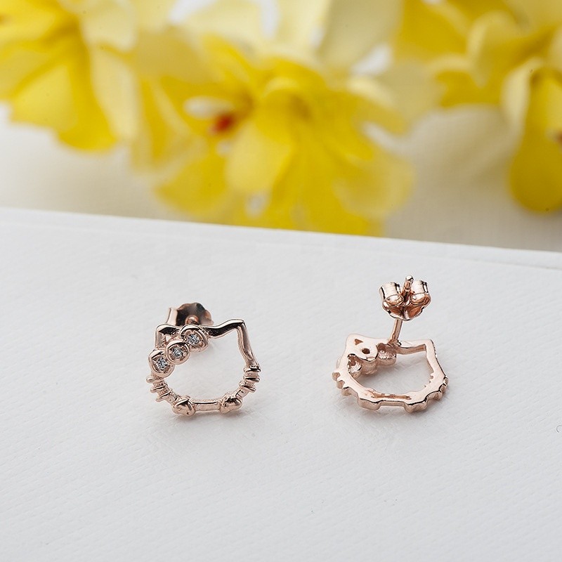 925 Silver Earrings Supplier - Hello Kitty Shape Zirconia Kids Animal Cat