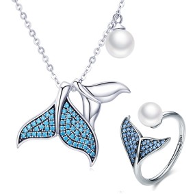 925 Sterling Silver Jewelry Set Factory - Summer Ocean Mermaid Whale's Tail Blue Zircon