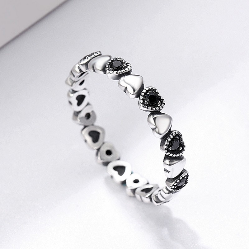 925 Sterling Silver Ring Factory - Stackable Love Heart Black CZ Wedding Anniversary