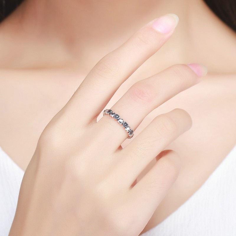 925 Sterling Silver Ring Factory - Stackable Love Heart Black CZ Wedding Anniversary