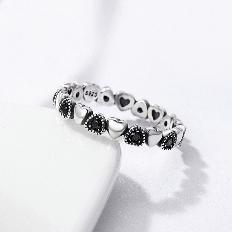 925 Sterling Silver Ring Factory - Stackable Love Heart Black CZ Wedding Anniversary