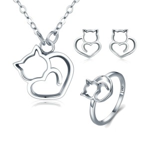925 Sterling Silver Jewelry Set Supplier - Fashion Cute Cat Animal Zirconia Kids Sets