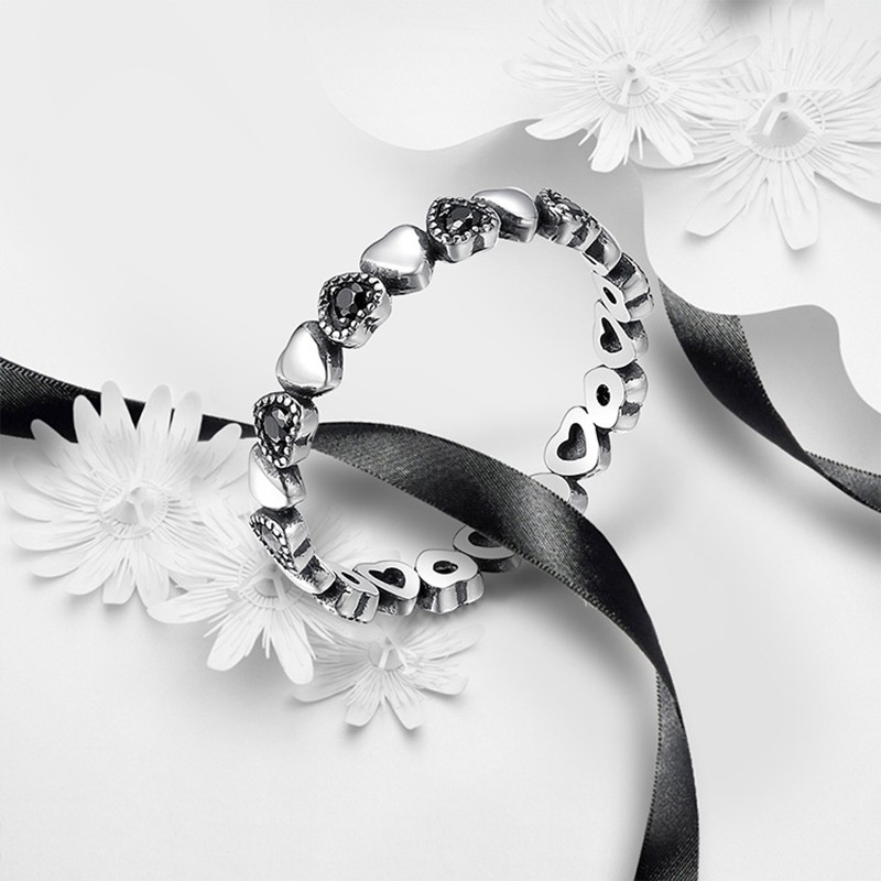 925 Sterling Silver Ring Factory - Stackable Love Heart Black CZ Wedding Anniversary