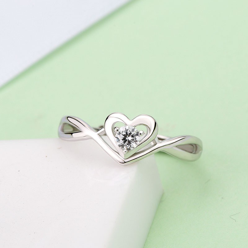 925 Sterling Silver Ring Supplier - Charming White Gold Plated Girls Heart Shaped