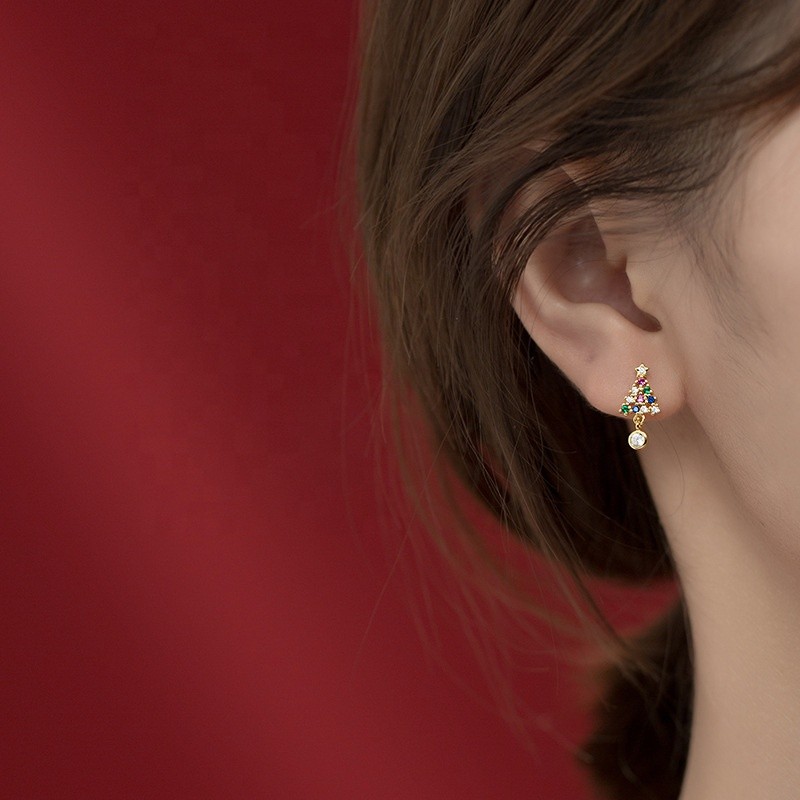 925 Silver Earrings Factory - Christmas Tree Gold Plated Stud Fashion Gift Jewelry