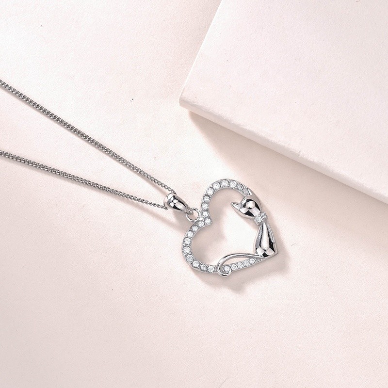 925 Sterling Silver Pendant Necklace Factory - Romantic Cute Animal Heart Cat Jewelry