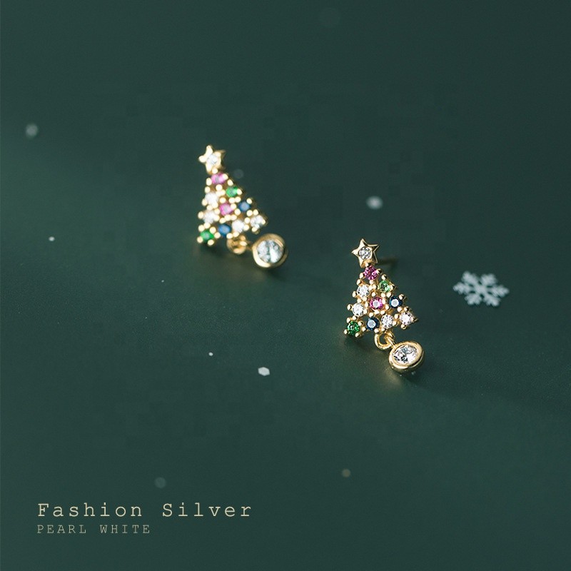 925 Silver Earrings Factory - Christmas Tree Gold Plated Stud Fashion Gift Jewelry