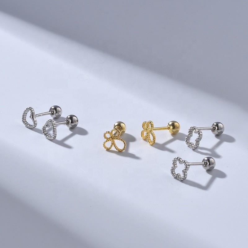 925 Sterling Silver Stud Earrings Supplier - Tiny Cartilage Heart Round Clover Flatback