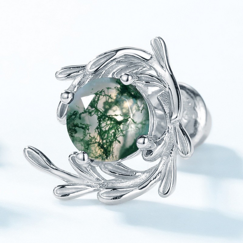 925 Sterling Silver Stud Earrings Manufacturer - Natural Moss Agate Leaf Green Gem