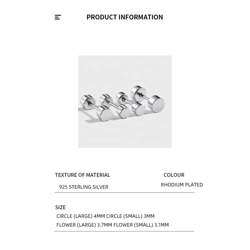 925 Sterling Silver Earrings Supplier - Gauges Screw Flat Back Disc Stud Tunnel Punk