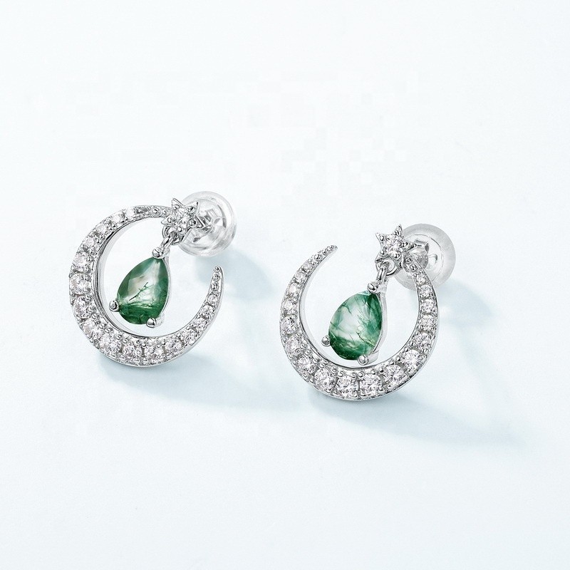 925 Sterling Silver Stud Earrings Supplier - Moon Design Moss Agate White Gold Plated