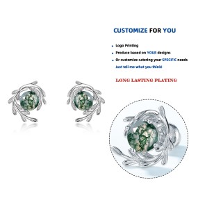 925 Sterling Silver Stud Earrings Manufacturer - Natural Moss Agate Leaf Green Gem