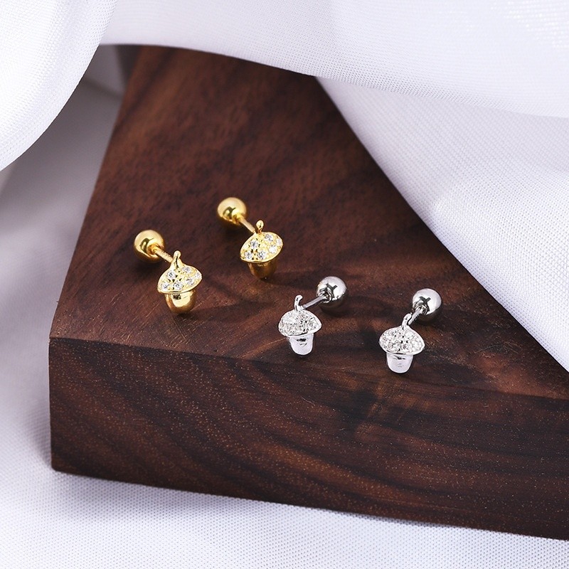 925 Sterling Silver Stud Earrings Factory - Mini Toddler Girls Cute Acorn Screw Back