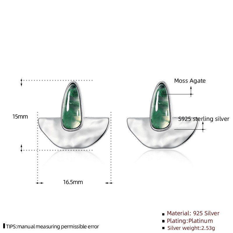 925 Sterling Silver Stud Earrings Manufacturer - Semicircle Geometric Water Grass Agate
