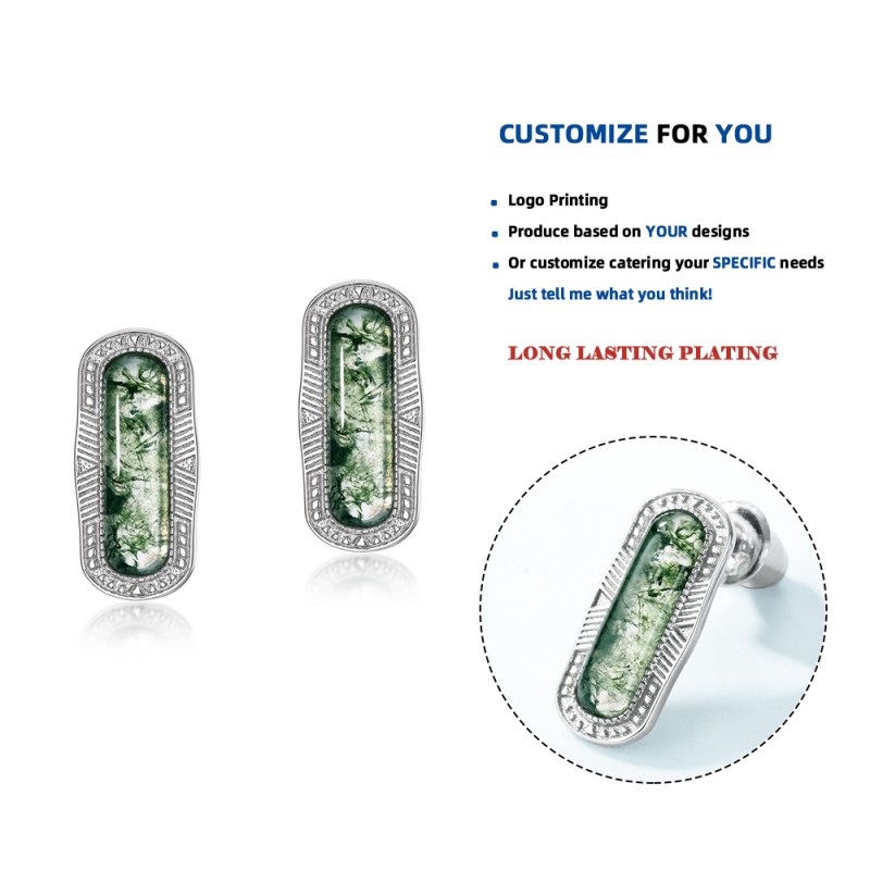 925 Sterling Silver Stud Earrings Factory - Natural Stone Moss Agate Luxury Party