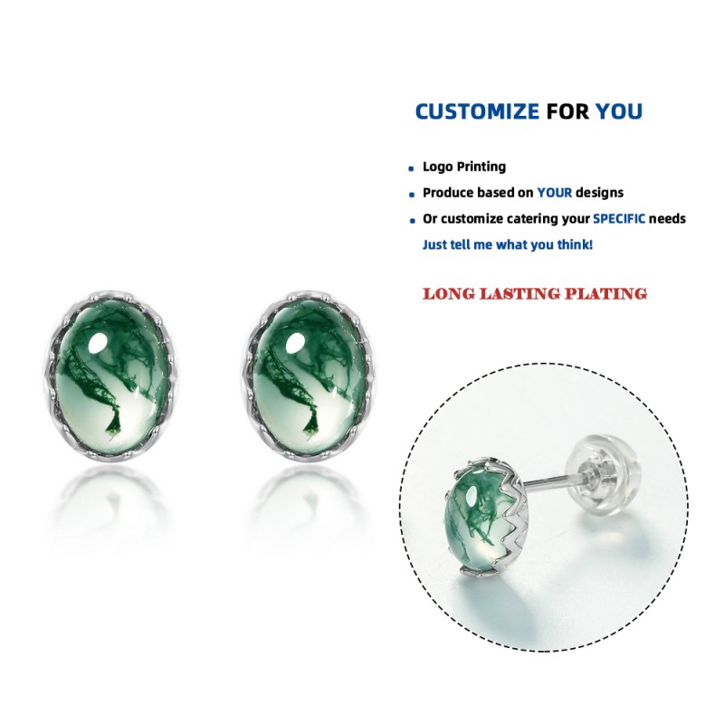 925 Sterling Silver Stud Earrings Manufacturer - Natural Moss Agate Teardrop Green Gems